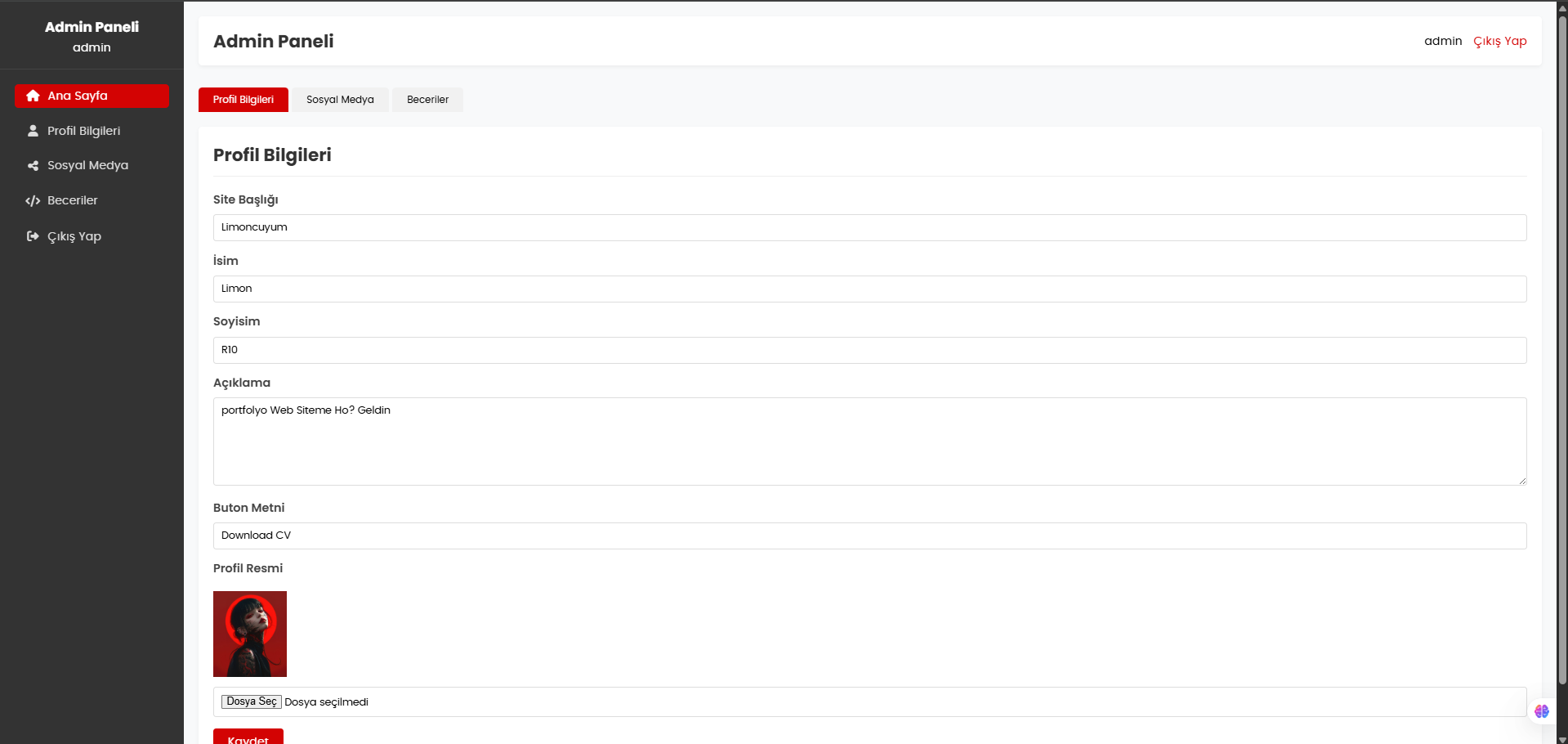 Ücretsiz Portfolyo Scripti Admin Panelli