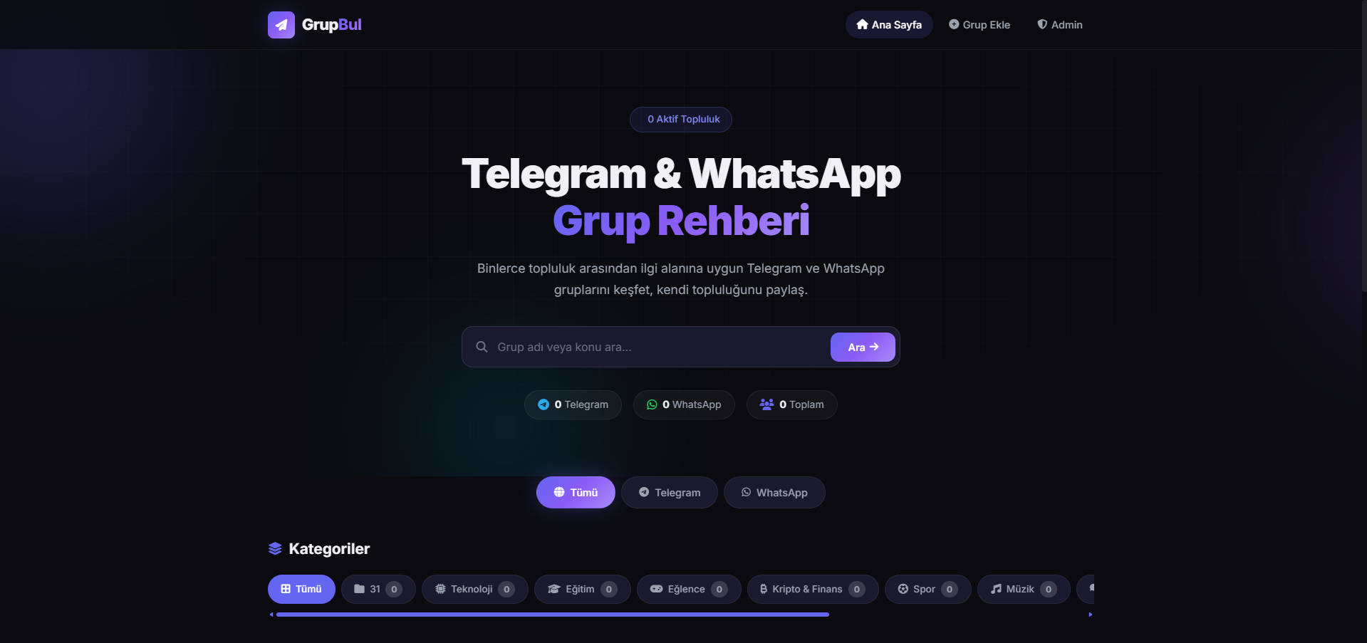GrupBul: Yeni Nesil Telegram & WhatsApp Grup Keşif Platformu - proje ekran görüntüsü